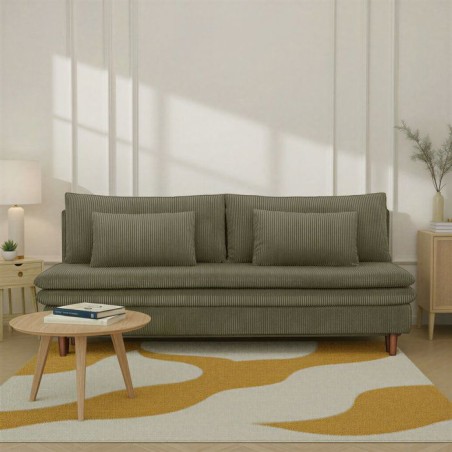 Canapé convertible - 3 places - MASSA - Tissu velours côtelé vert kaki - Pieds bois massif - L 195 x H 82 x P 86 cm