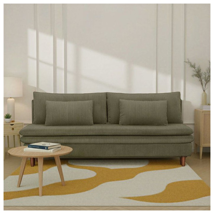 Canapé convertible - 3 places - MASSA - Tissu velours côtelé vert kaki - Pieds bois massif - L 195 x H 82 x P 86 cm Canapé convertible - 3 places - MASSA - Tissu velours côtelé vert kaki - Pieds bois massif - L 195 x H 82 x P 86 cm