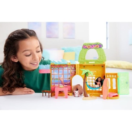 Disney Vaiana Histoires a empiler Coffret de maison de poupée avec une petite poupée Vaiana, 1 ami animal et 9 accessoires - M