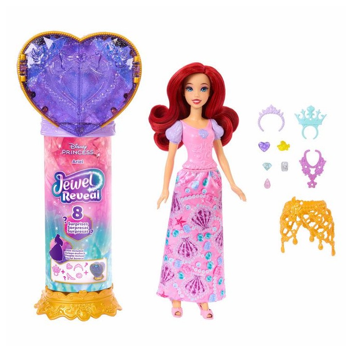 Poupée Jewel Reveal Ariel, Accessoires avec 8 surprises, 1 boîte a bijoux en forme de coeur, 1 bague pour enfant et 9 élémen