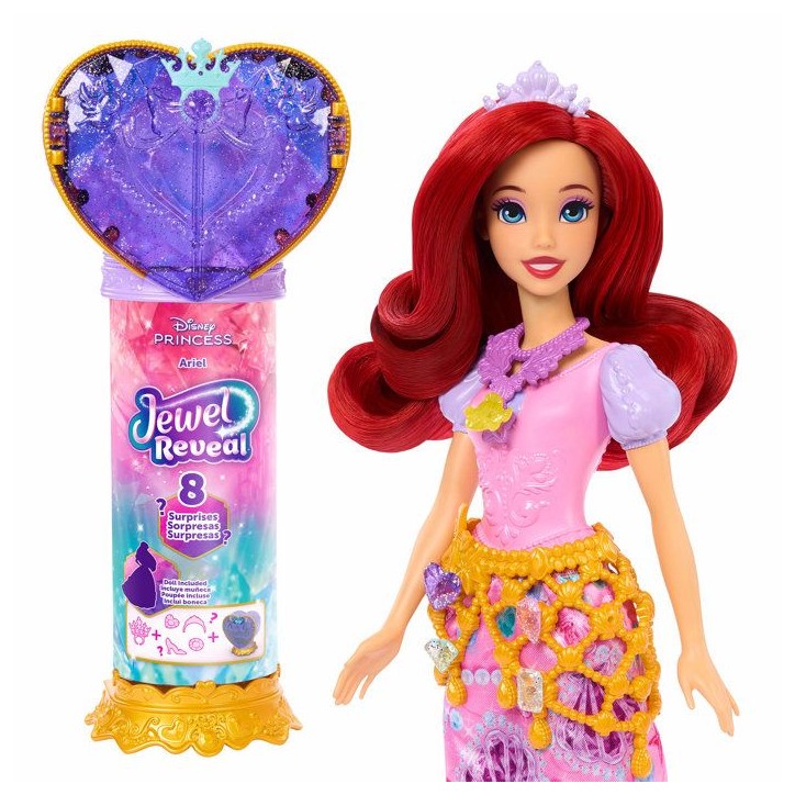 Poupée Jewel Reveal Ariel, Accessoires avec 8 surprises, 1 boîte a bijoux en forme de coeur, 1 bague pour enfant et 9 élémen