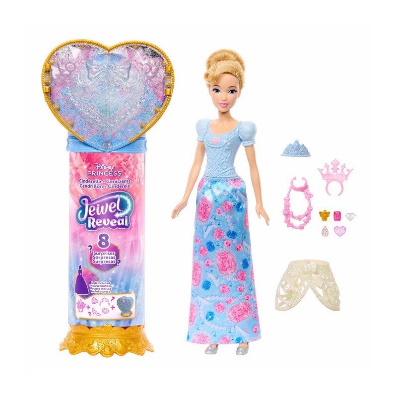 Poupée Jewel Reveal Cendrillon, Accessoires avec 8 surprises, 1 boît