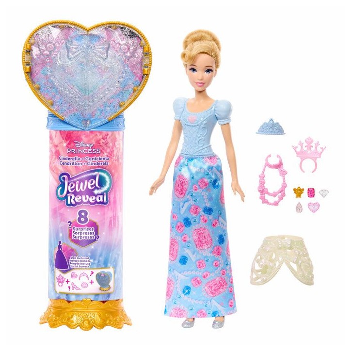 Poupée Jewel Reveal Cendrillon, Accessoires avec 8 surprises, 1 boîte a bijoux en forme de coeur, 1 bague pour enfant et 9 él Poupée Jewel Reveal Cendrillon, Accessoires avec 8 surprises, 1 boîte a bijoux en forme de coeur, 1 bague pour enfant et 9 él