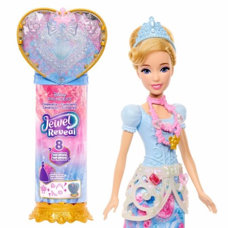 Poupée Jewel Reveal Cendrillon, Accessoires avec 8 surprises, 1 boîte a bijoux en forme de coeur, 1 bague pour enfant et 9 él