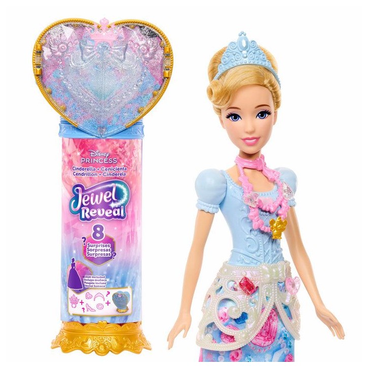 Poupée Jewel Reveal Cendrillon, Accessoires avec 8 surprises, 1 boîte a bijoux en forme de coeur, 1 bague pour enfant et 9 él Poupée Jewel Reveal Cendrillon, Accessoires avec 8 surprises, 1 boîte a bijoux en forme de coeur, 1 bague pour enfant et 9 él