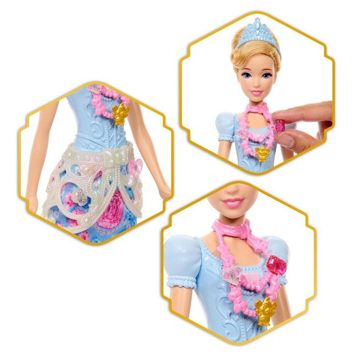 Poupée Jewel Reveal Cendrillon, Accessoires avec 8 surprises, 1 boîte a bijoux en forme de coeur, 1 bague pour enfant et 9 él Poupée Jewel Reveal Cendrillon, Accessoires avec 8 surprises, 1 boîte a bijoux en forme de coeur, 1 bague pour enfant et 9 él