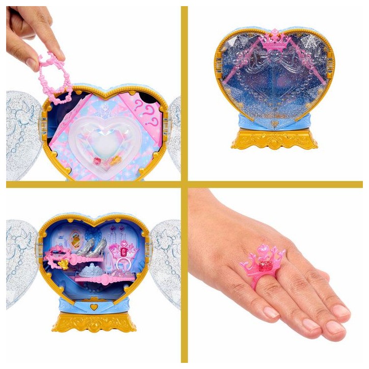 Poupée Jewel Reveal Cendrillon, Accessoires avec 8 surprises, 1 boîte a bijoux en forme de coeur, 1 bague pour enfant et 9 él Poupée Jewel Reveal Cendrillon, Accessoires avec 8 surprises, 1 boîte a bijoux en forme de coeur, 1 bague pour enfant et 9 él