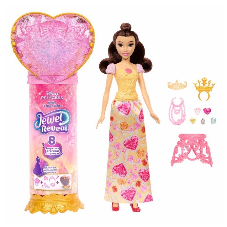 Poupée Jewel Reveal Belle, Accessoires avec 8 surprises, 1 boîte a bijoux en forme de coeur, 1 bague pour enfant et 9 élémen Poupée Jewel Reveal Belle, Accessoires avec 8 surprises, 1 boîte a bijoux en forme de coeur, 1 bague pour enfant et 9 élémen