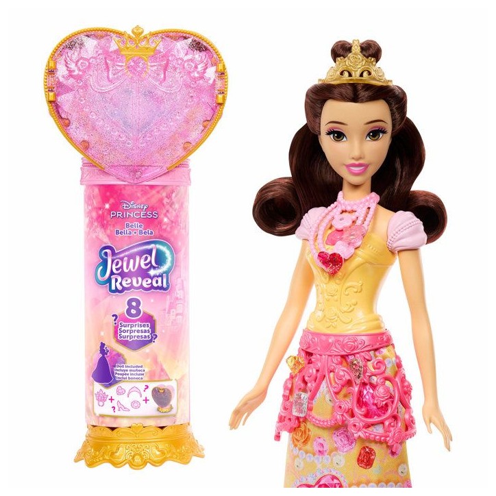 Poupée Jewel Reveal Belle, Accessoires avec 8 surprises, 1 boîte a bijoux en forme de coeur, 1 bague pour enfant et 9 élémen Poupée Jewel Reveal Belle, Accessoires avec 8 surprises, 1 boîte a bijoux en forme de coeur, 1 bague pour enfant et 9 élémen