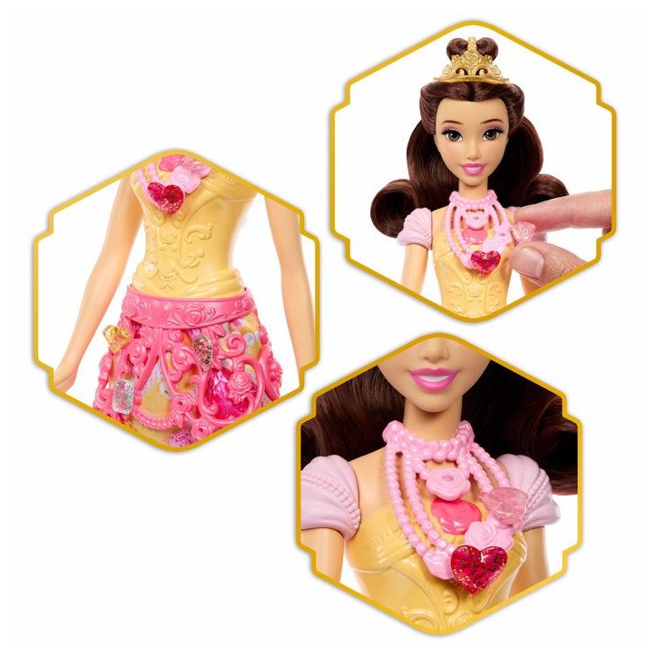 Poupée Jewel Reveal Belle, Accessoires avec 8 surprises, 1 boîte a bijoux en forme de coeur, 1 bague pour enfant et 9 élémen Poupée Jewel Reveal Belle, Accessoires avec 8 surprises, 1 boîte a bijoux en forme de coeur, 1 bague pour enfant et 9 élémen