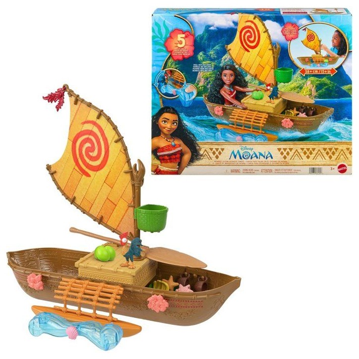 Coffret La Grande Pirogue de Vaiana avec 5 Zones de Jeu, 9 Accessoires, Figurine Animale Heihei et balançoire a Bascule, JLN22
