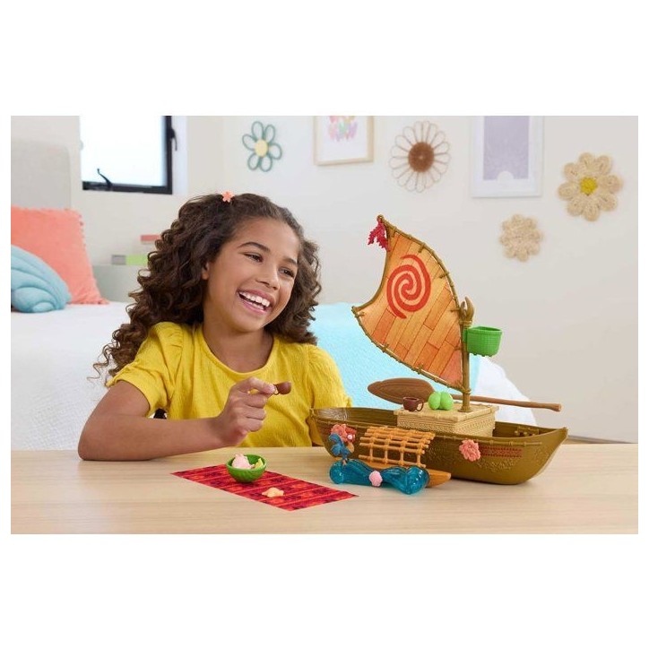 Coffret La Grande Pirogue de Vaiana avec 5 Zones de Jeu, 9 Accessoires, Figurine Animale Heihei et balançoire a Bascule, JLN22