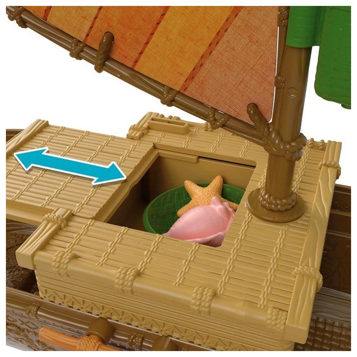 Coffret La Grande Pirogue de Vaiana avec 5 Zones de Jeu, 9 Accessoires, Figurine Animale Heihei et balançoire a Bascule, JLN22