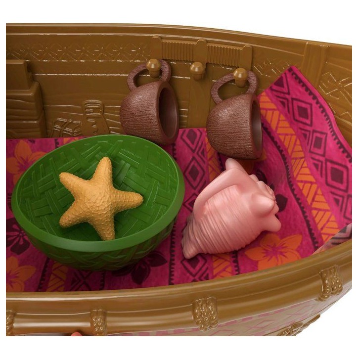 Coffret La Grande Pirogue de Vaiana avec 5 Zones de Jeu, 9 Accessoires, Figurine Animale Heihei et balançoire a Bascule, JLN22