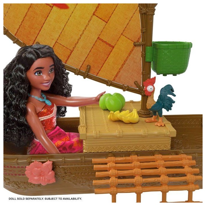 Coffret La Grande Pirogue de Vaiana avec 5 Zones de Jeu, 9 Accessoires, Figurine Animale Heihei et balançoire a Bascule, JLN22