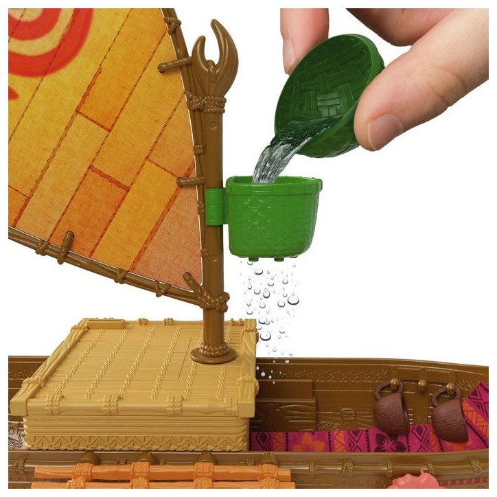 Coffret La Grande Pirogue de Vaiana avec 5 Zones de Jeu, 9 Accessoires, Figurine Animale Heihei et balançoire a Bascule, JLN22