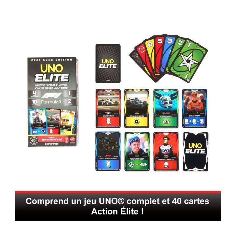 UNO Élite Formula 1 Édition - Jeu de cartes - Avec 4 boosters - Matt