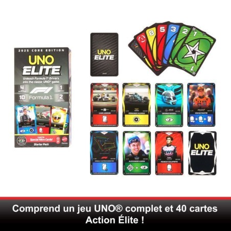 UNO Élite Formula 1 Édition - Jeu de cartes - Avec 4 boosters - Matt