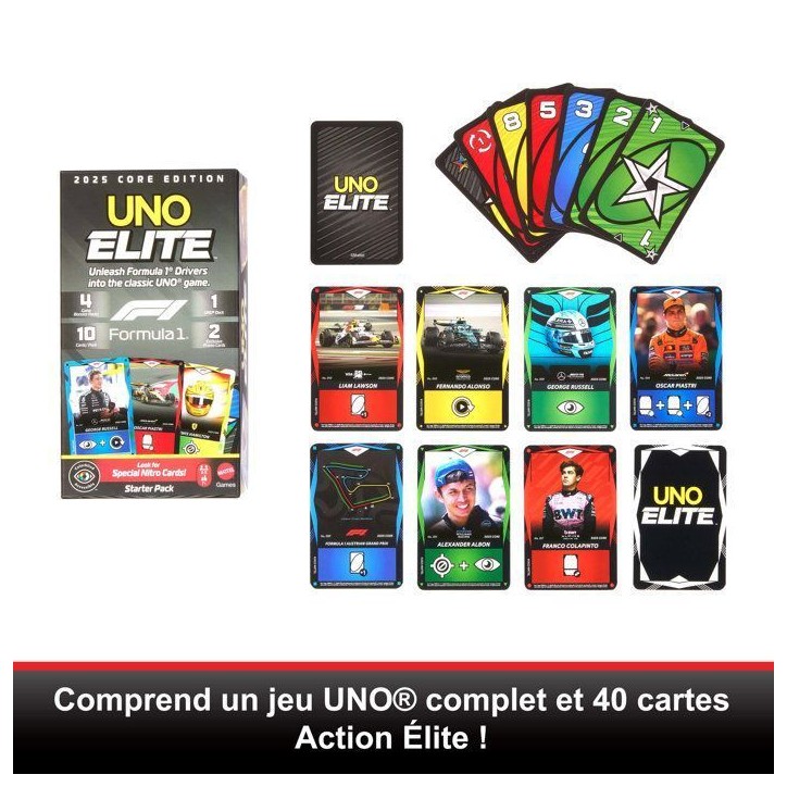 UNO Élite Formula 1 Édition - Jeu de cartes - Avec 4 boosters - Mattel Games - JLV42 - 7 ans et + UNO Élite Formula 1 Édition - Jeu de cartes - Avec 4 boosters - Mattel Games - JLV42 - 7 ans et +