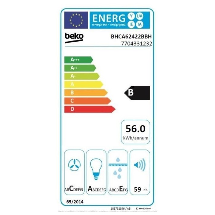 Hotte murale BEKO BHCA62422BBH - 60 cm