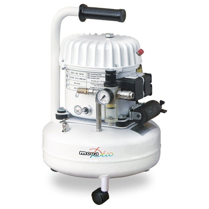 Compresseur - Horizontal - Mecafer - Silencieux - 9 L - Bidon huile 1L + Entonnoir + 3 roulettes - Silencieux Compresseur - Horizontal - Mecafer - Silencieux - 9 L - Bidon huile 1L + Entonnoir + 3 roulettes - Silencieux