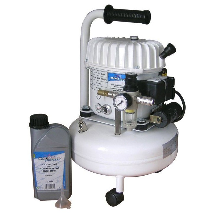 Compresseur - Horizontal - Mecafer - Silencieux - 9 L - Bidon huile 1L + Entonnoir + 3 roulettes - Silencieux Compresseur - Horizontal - Mecafer - Silencieux - 9 L - Bidon huile 1L + Entonnoir + 3 roulettes - Silencieux