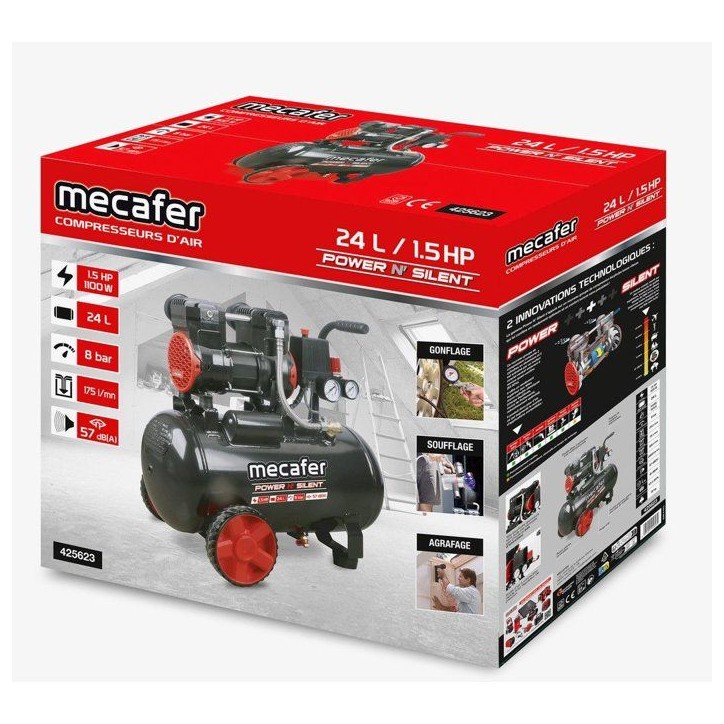 Compresseur - Horizontal - Mecafer - Power Silent - 24 L - 1,5 HP - 175 L/min - Silencieux Compresseur - Horizontal - Mecafer - Power Silent - 24 L - 1,5 HP - 175 L/min - Silencieux
