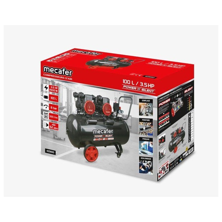 Compresseur - Horizontal - Mecafer - Power N'Silent - 100 L - 3,5 HP - Silencieux Compresseur - Horizontal - Mecafer - Power N'Silent - 100 L - 3,5 HP - Silencieux