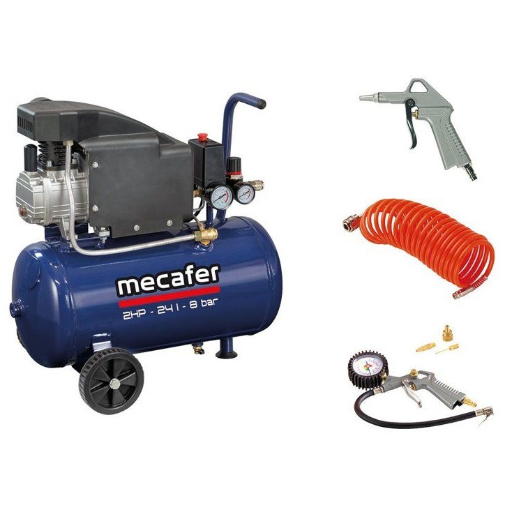 Compresseur d'air horizontal - Mecafer - 24 L - 2 HP - 8 Bars - Inclus : Tuyau + Souflette + Pistolet de gonflage + 3 embouts - Compresseur d'air horizontal - Mecafer - 24 L - 2 HP - 8 Bars - Inclus : Tuyau + Souflette + Pistolet de gonflage + 3 embouts -