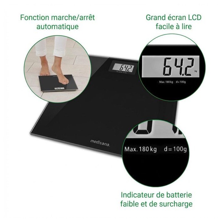 Pese-personne - MEDISANA - PS 402 - 180 kg max - Verre Noir Pese-personne - MEDISANA - PS 402 - 180 kg max - Verre Noir