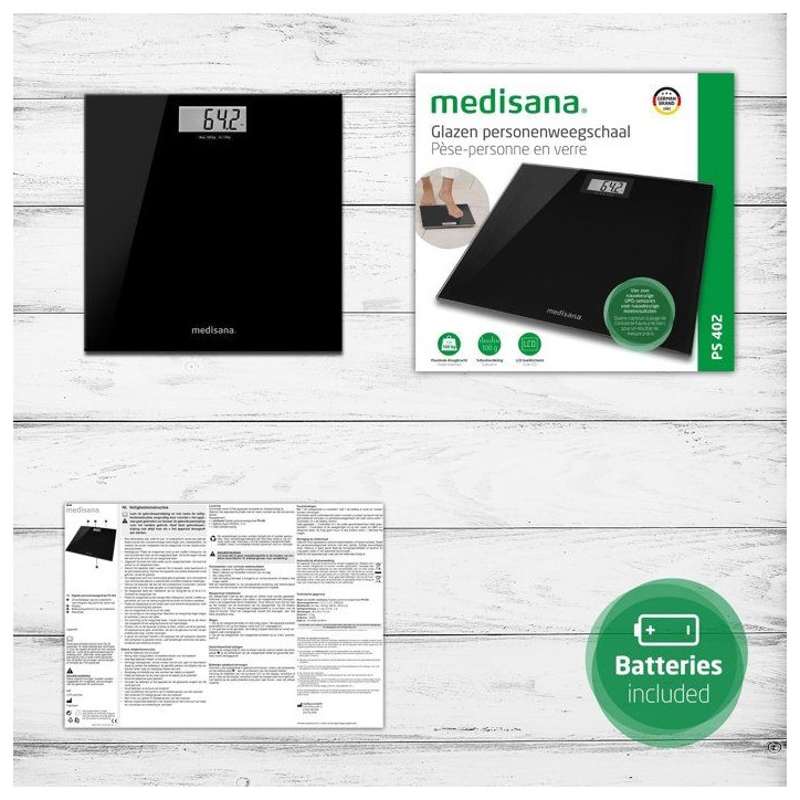 Pese-personne - MEDISANA - PS 402 - 180 kg max - Verre Noir Pese-personne - MEDISANA - PS 402 - 180 kg max - Verre Noir