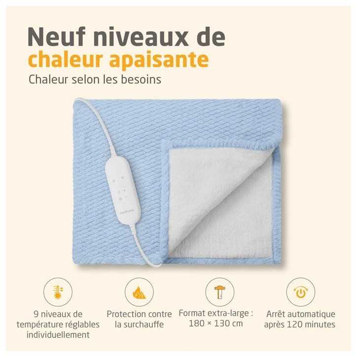 Couverture chauffante reversible - MEDISANA - HB 415 - 120 W - 9 réglages - 180 x 130 cm - Bleu Couverture chauffante reversible - MEDISANA - HB 415 - 120 W - 9 réglages - 180 x 130 cm - Bleu
