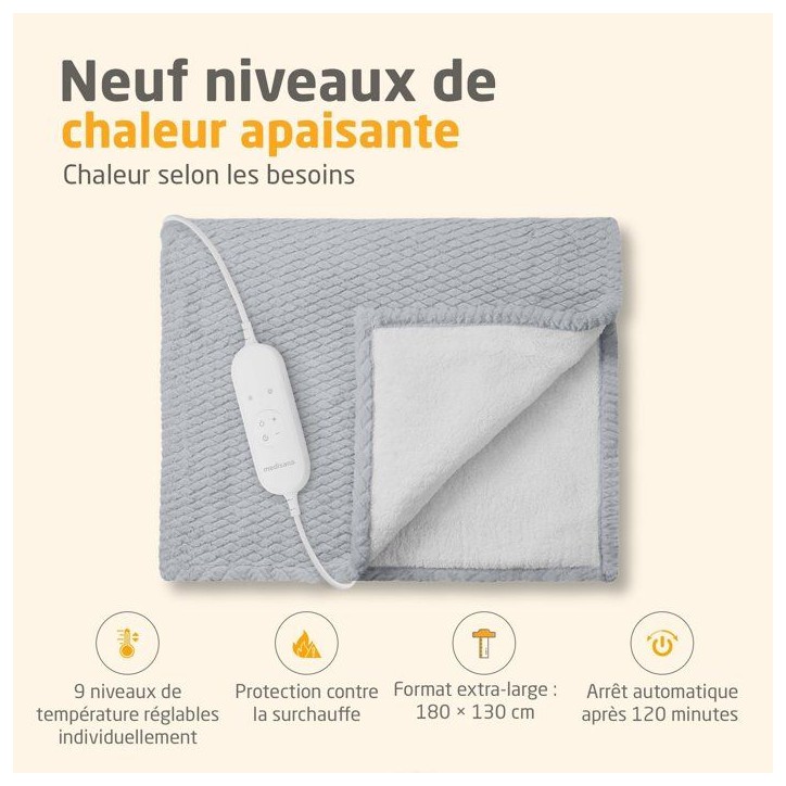 Couverture chauffante reversible - MEDISANA - HB 416 - 120 W - 9 réglages - 180 x 130 cm - Gris Couverture chauffante reversible - MEDISANA - HB 416 - 120 W - 9 réglages - 180 x 130 cm - Gris