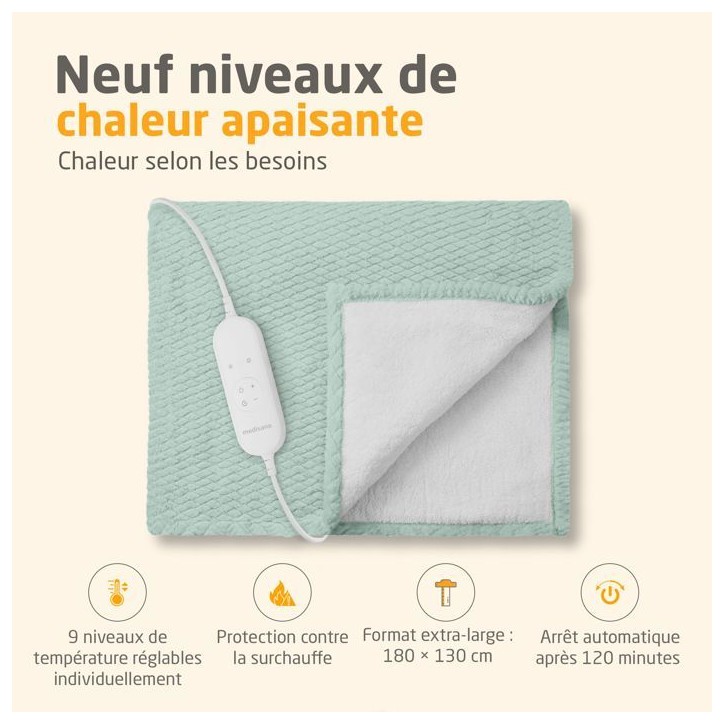 Couverture chauffante reversible - MEDISANA - HB 417 - 120 W - 9 réglages - 180 x 130 cm - Vert Couverture chauffante reversible - MEDISANA - HB 417 - 120 W - 9 réglages - 180 x 130 cm - Vert