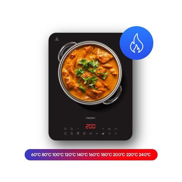 Plaque a induction simple - Medion - 1 feu - Ø 24 cm - MD 100090 - Surface entierement vitrée - 8 programmes - 2000 W