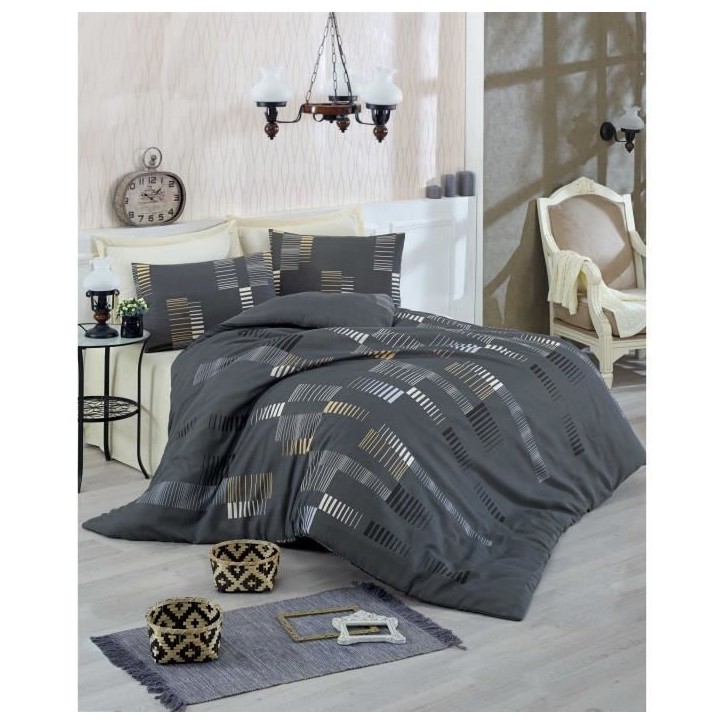 Parure de lit - 1 housse de couette 220x240 cm + 2 taies d'oreiller 60x60 cm - 65% coton, 35% polyester - Anthracite
