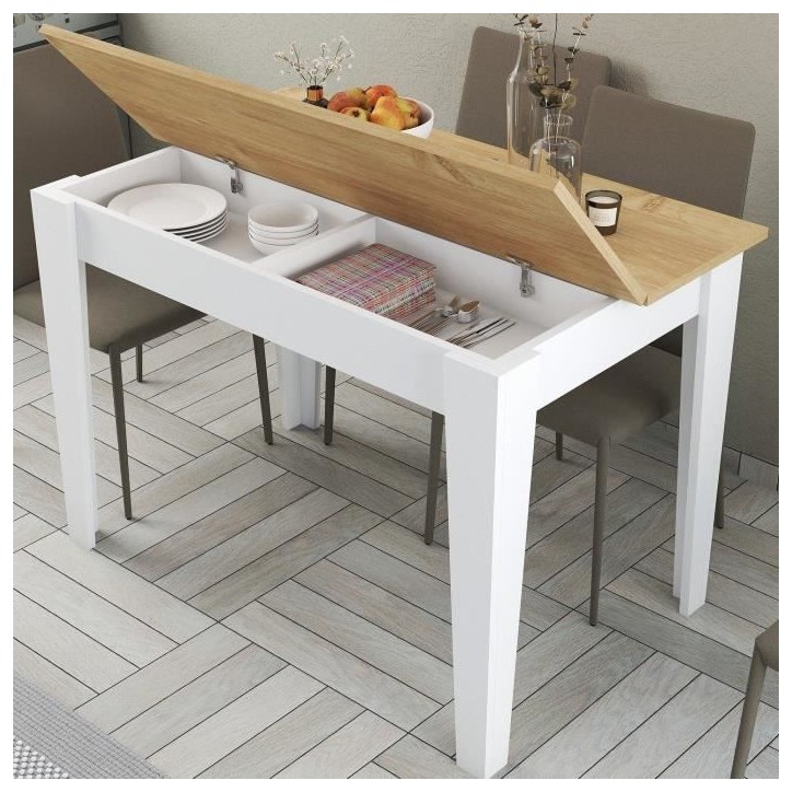 Table de cuisine avec rangement- KIEVA - Mélamine - Blanc / Chene - Rectangulaire - 4 / 6 personnes - 110 x 75 x 72 cm