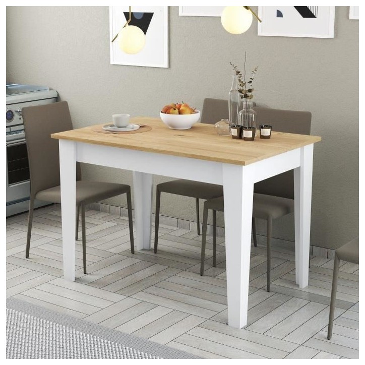 Table de cuisine avec rangement- KIEVA - Mélamine - Blanc / Chene - Rectangulaire - 4 / 6 personnes - 110 x 75 x 72 cm