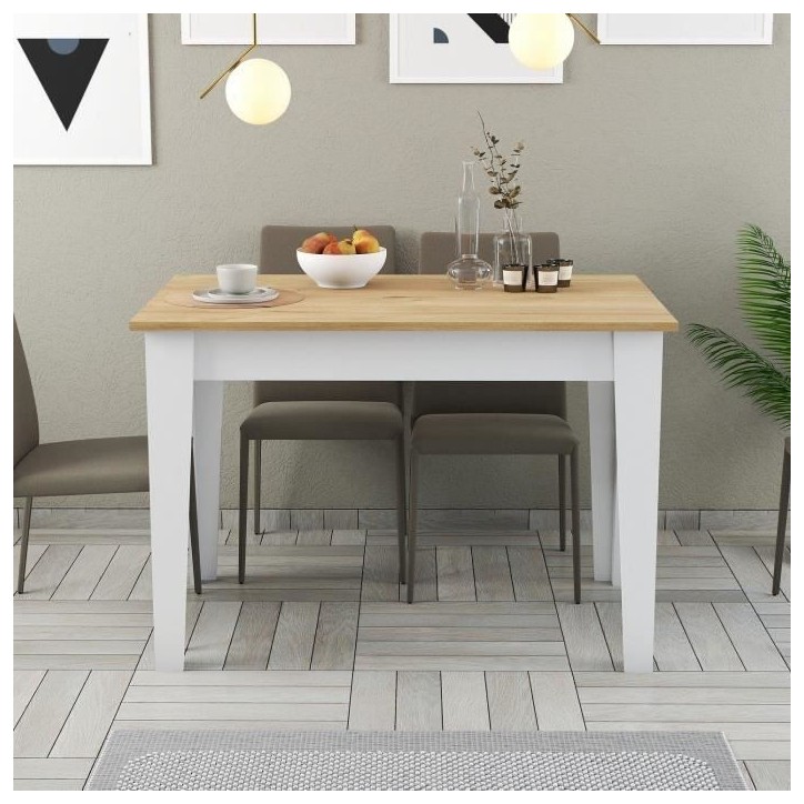 Table de cuisine avec rangement- KIEVA - Mélamine - Blanc / Chene - Rectangulaire - 4 / 6 personnes - 110 x 75 x 72 cm