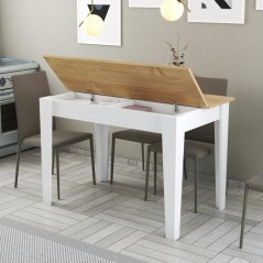 Table de cuisine avec rangement- KIEVA - Mélamine - Blanc / Chene - R
