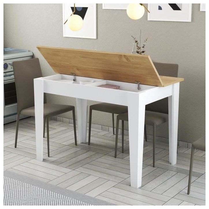Table de cuisine avec rangement- KIEVA - Mélamine - Blanc / Chene - Rectangulaire - 4 / 6 personnes - 110 x 75 x 72 cm