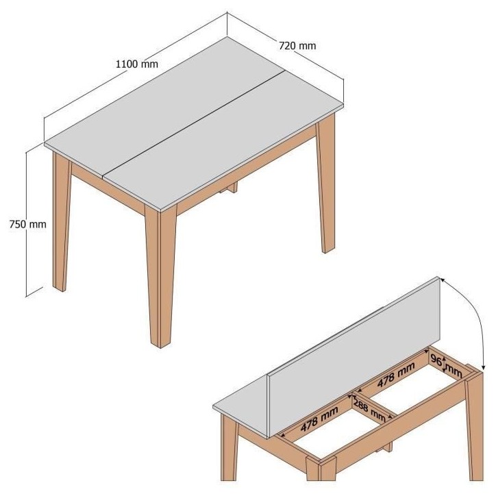 Table de cuisine avec rangement- KIEVA - Mélamine - Blanc / Chene - Rectangulaire - 4 / 6 personnes - 110 x 75 x 72 cm