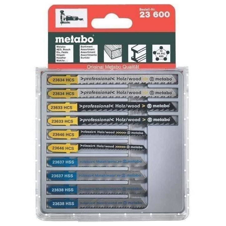 Lames pour scies sauteuses METABO - Lot de 10 - Bois, métal, plastique - HCS/HSS Lames pour scies sauteuses METABO - Lot de 10 - Bois, métal, plastique - HCS/HSS