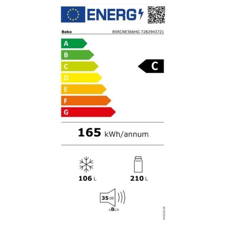 Réfrigérateur combiné - BEKO - B5RCNE366HG - Classe C - 316 L - 59,5 x 66,3 x 186,5 cm - Manhattan Gray