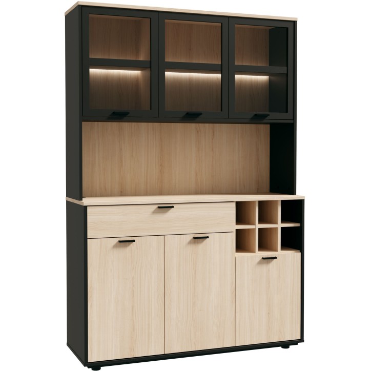 Buffet de cuisine - MANTEK - 122,8 x 41,5 x 183 cm - Chene / Noir - Style industriel - Eclairage LED inclus Buffet de cuisine - MANTEK - 122,8 x 41,5 x 183 cm - Chene / Noir - Style industriel - Eclairage LED inclus