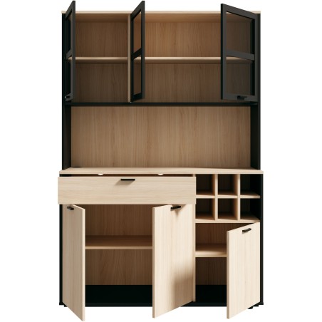 Buffet de cuisine - MANTEK - 122,8 x 41,5 x 183 cm - Chene / Noir - Style industriel - Eclairage LED inclus
