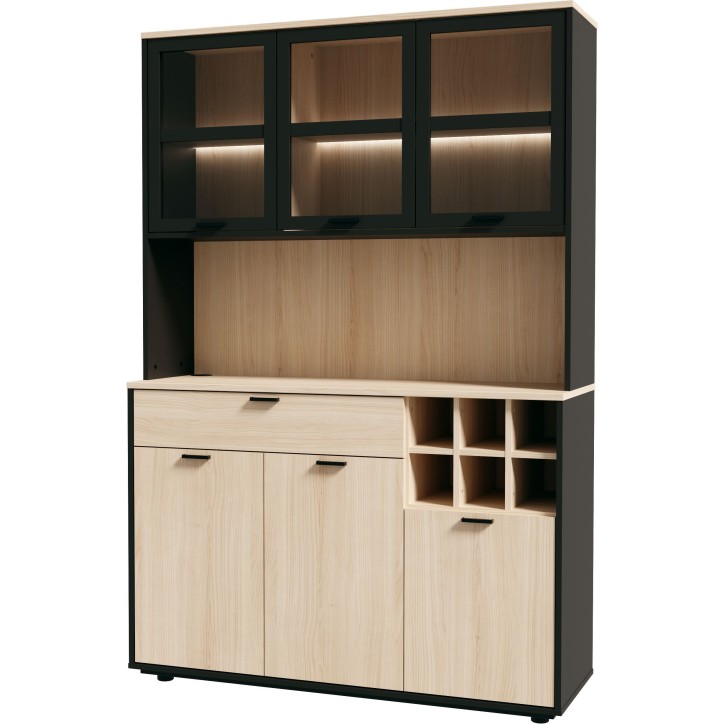 Buffet de cuisine - MANTEK - 122,8 x 41,5 x 183 cm - Chene / Noir - Style industriel - Eclairage LED inclus Buffet de cuisine - MANTEK - 122,8 x 41,5 x 183 cm - Chene / Noir - Style industriel - Eclairage LED inclus