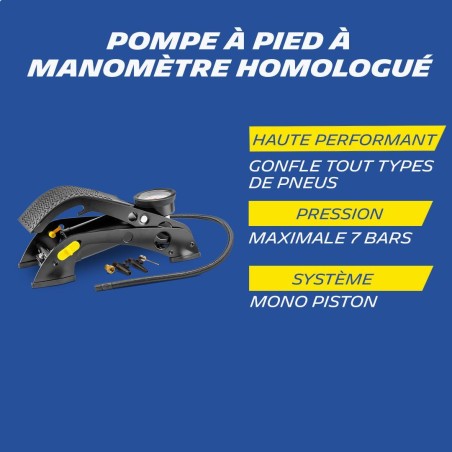Pompe a pied a manometre homologué - MICHELIN - Modele 2023 - 7 Bars - Flexible 60 cm - Embouts de gonflage inclus