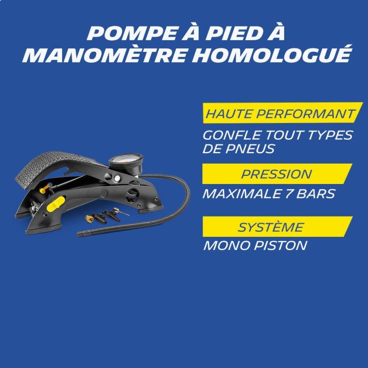 Pompe a pied a manometre homologué - MICHELIN - Modele 2023 - 7 Bars - Flexible 60 cm - Embouts de gonflage inclus Pompe a pied a manometre homologué - MICHELIN - Modele 2023 - 7 Bars - Flexible 60 cm - Embouts de gonflage inclus