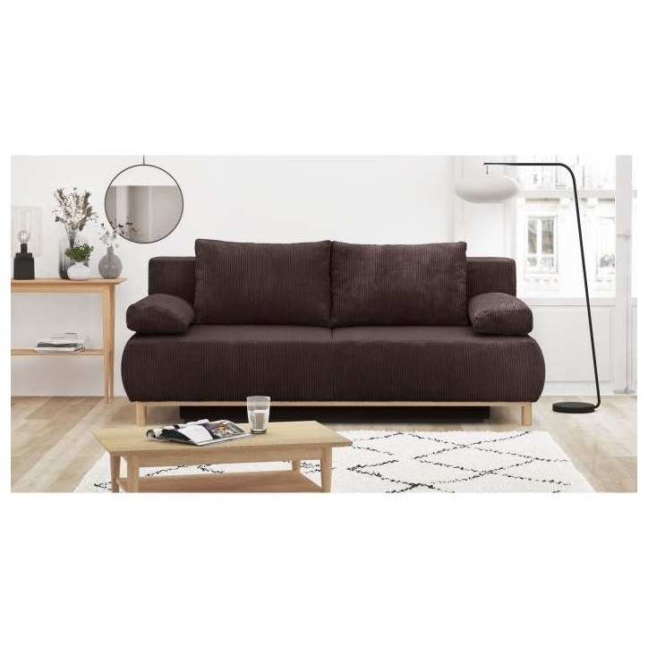 Canapé convertible - 3 places - MIKA - Velours côtelé marron foncé - Coffre de rangement - L 192 x H 84 x P 93 cm Canapé convertible - 3 places - MIKA - Velours côtelé marron foncé - Coffre de rangement - L 192 x H 84 x P 93 cm